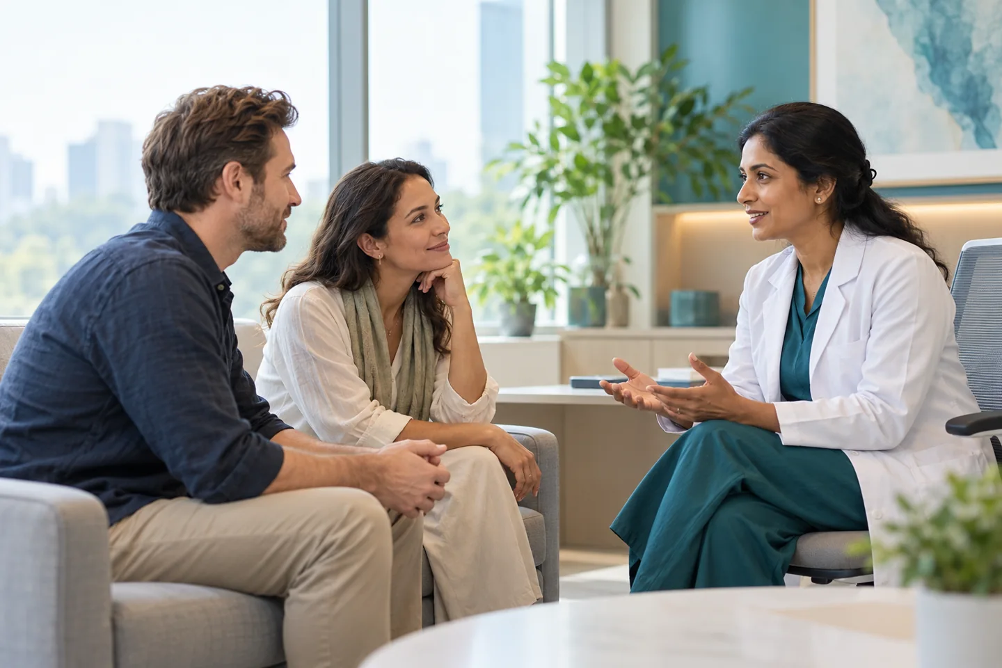 Doctor speaking with a patient and companion during a consultation