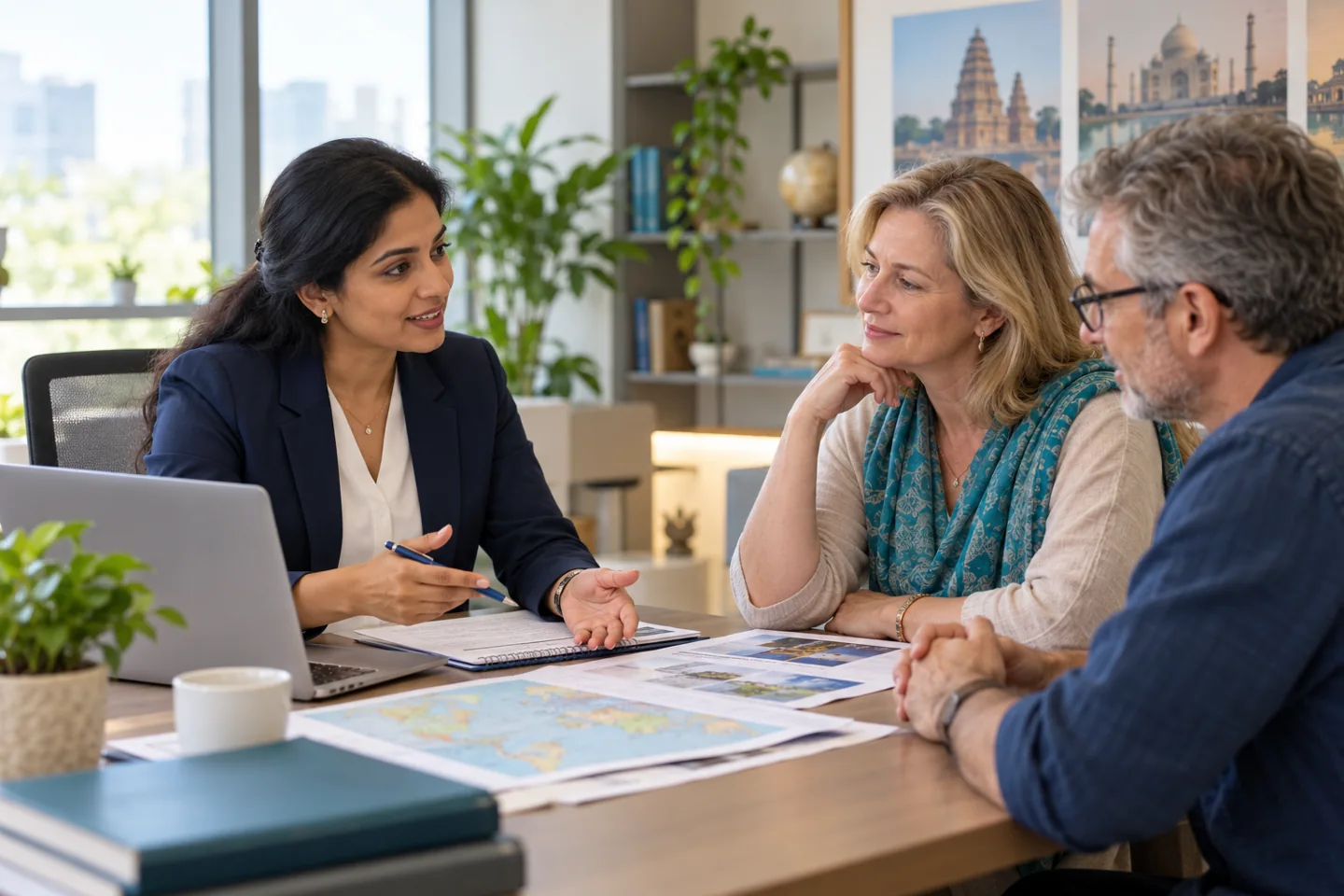 Coordinator discussing practical travel arrangements with a patient and companion